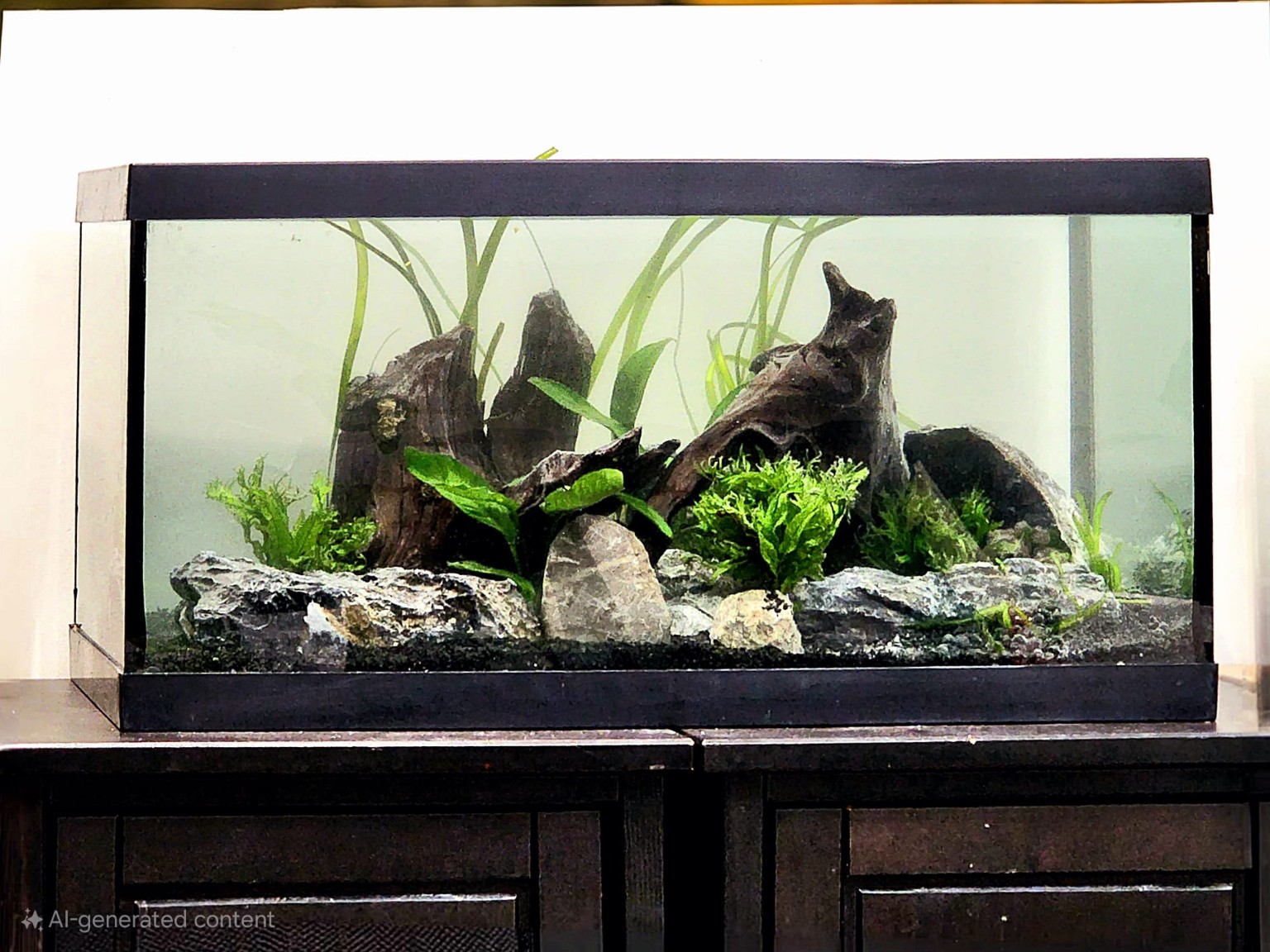 Newly planted aquarium with driftwood, rocks and developing aquatic plants
