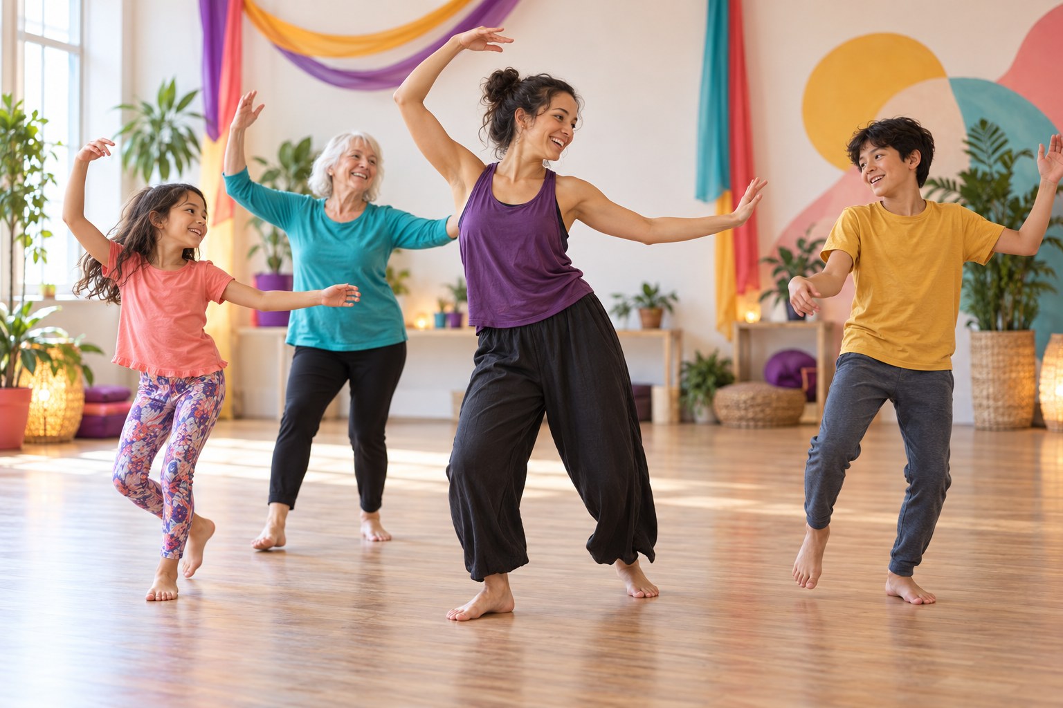 Illustrative image of an instructor guiding a small intergenerational dance class