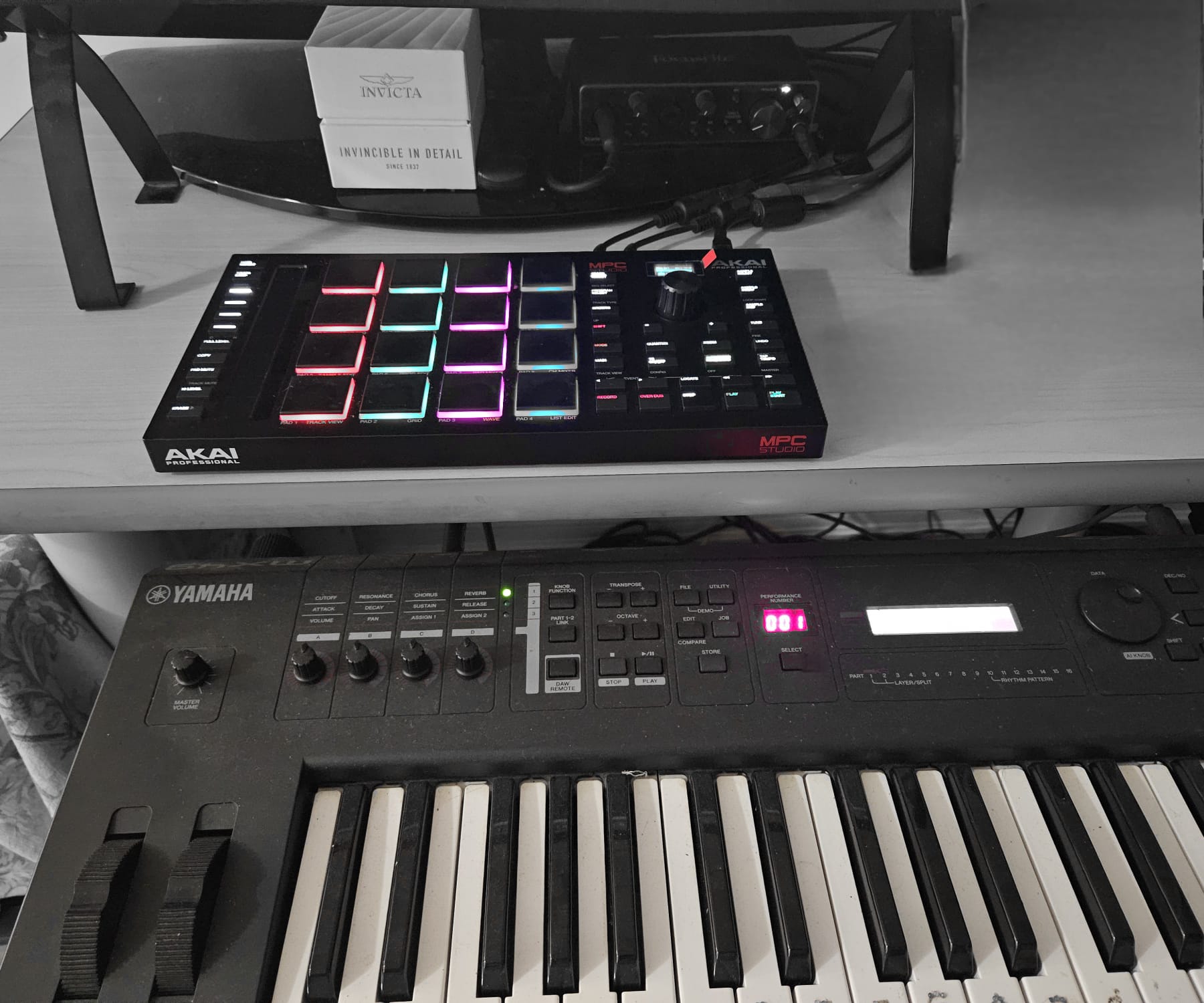 Music keyboard and illuminated pad controller ready for a TheraCraft hobby session